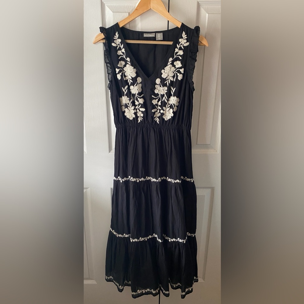 LUCKY BRAND Black White Floral Embroidered Tiered Sleeveless Boho Midi Dress S - Picture 3 of 10